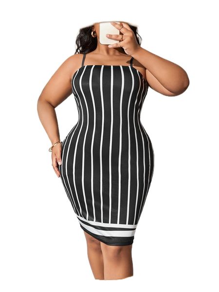 sxy plus striped print cami dress q2gz#, Black 
sxy plus striped print cami dress q2gz#, Black