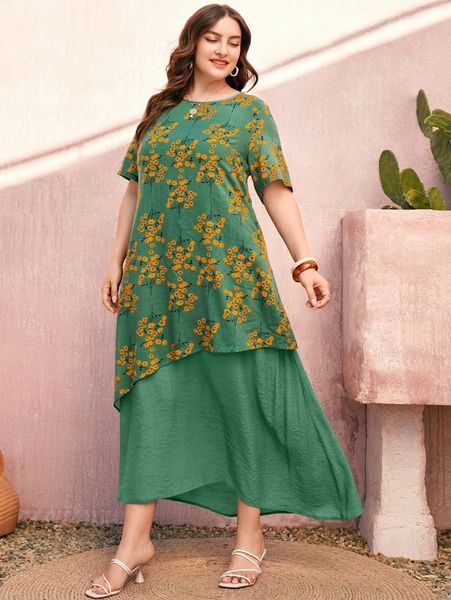 plus floral print tunic dress n5on#, Black