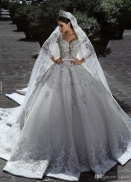 2022 light champagne v neck crystal lace ball gown wedding dresses muslim long sleeves open back plus size bridal gown real pictures, White
2022 light champagne v neck crystal lace ball gown wedding dresses muslim long sleeves open back plus size bridal gown real pictures, White