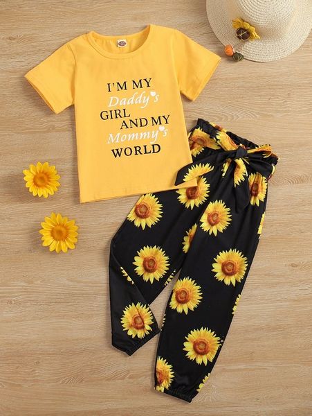toddler girls slogan graphic tee & floral print belted pants she, White
toddler girls slogan graphic tee & floral print belted pants she, White