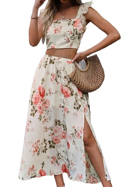 floral print crop cami & split thigh skirt w6kv#, White 
floral print crop cami & split thigh skirt w6kv#, White