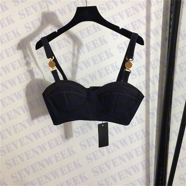 j375 womens designers t shirts bustier underwear with metal badge deep v denim sling tube women clothing, White
j375 womens designers t shirts bustier underwear with metal badge deep v denim sling tube women clothing, White