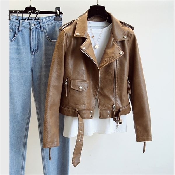 women coat spring autumn long sleeved with belt faux leather jacket female punk ladies biker moto outwear y201012, Black;brown
women coat spring autumn long sleeved with belt faux leather jacket female punk ladies biker moto outwear y201012, Black;brown