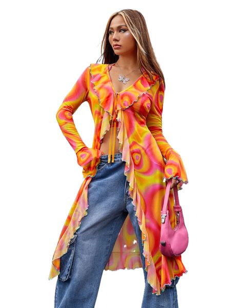 tie dye flounce sleeve knot front s4pn#, White
tie dye flounce sleeve knot front s4pn#, White