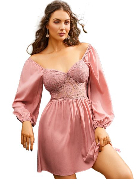 sbetro off shoulder guipure lace insert lantern sleeve dress k3tx#, Black;gray 
sbetro off shoulder guipure lace insert lantern sleeve dress k3tx#, Black;gray