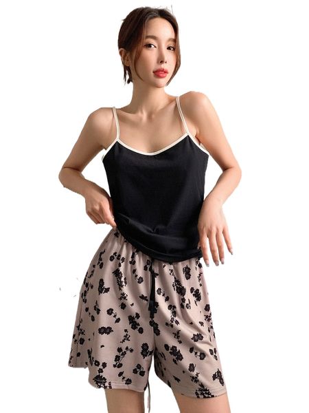 dazy floral tie front pajama set t6tm#, Black;red 
dazy floral tie front pajama set t6tm#, Black;red