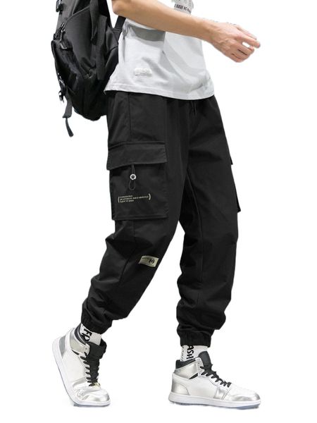men slogan graphic flap pocket side cargo pants 66di#, Black
men slogan graphic flap pocket side cargo pants 66di#, Black