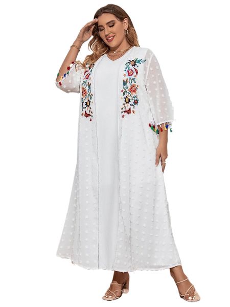 plus solid tunic dress & floral embroidered swiss dot tassel detail coat i26y#, Black
plus solid tunic dress & floral embroidered swiss dot tassel detail coat i26y#, Black