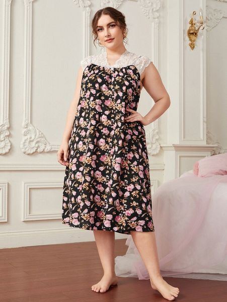 plus lace shoulder bow detail floral print nightdress 63sv#, Black;white
plus lace shoulder bow detail floral print nightdress 63sv#, Black;white