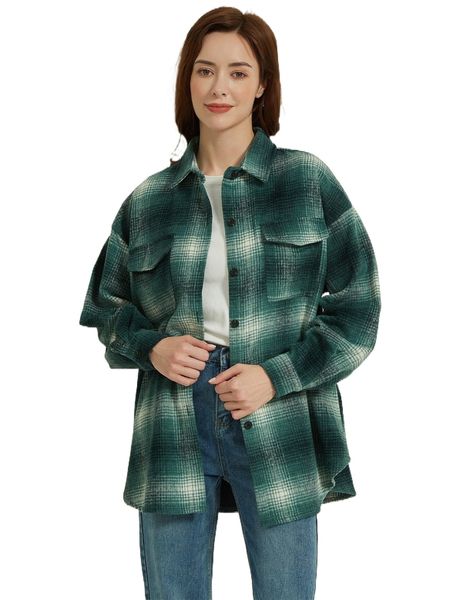drop shoulder plaid print coat x1tv#, Black