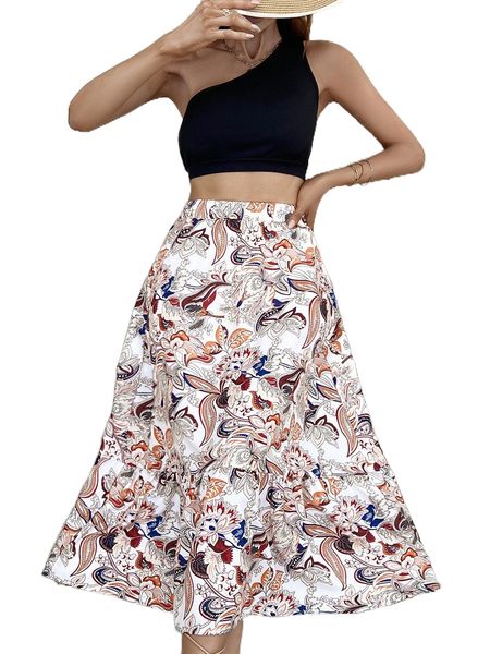 one shoulder & floral print ruffle hem skirt q83s#, White
one shoulder & floral print ruffle hem skirt q83s#, White
