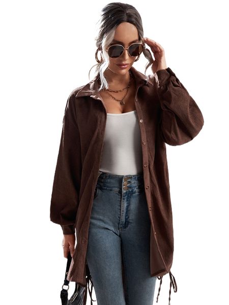 button front drawstring side coat b0l4#, Black