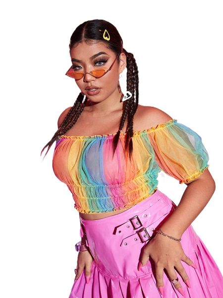 plus off shoulder ombre mesh x4d9#, Black