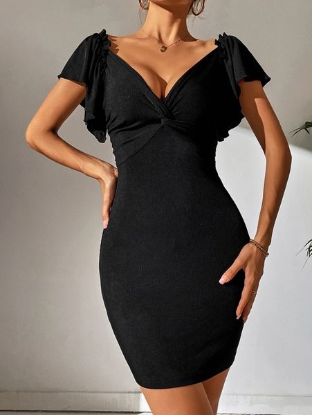 twist front butterfly sleeve bodycon dress e3cy#, Black;gray