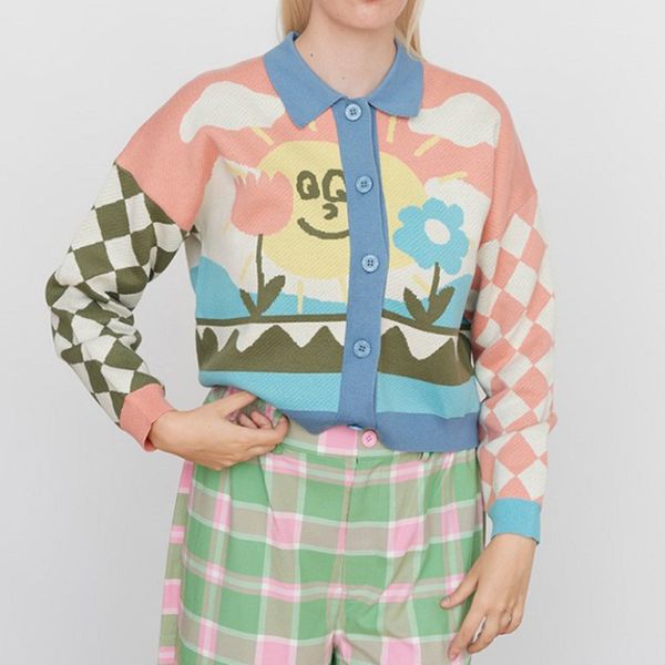 2022 autumn cartoon contrast color patchwork sweater women single breasted turn-down collar cardigan fashion casual knit coats, White;black
2022 autumn cartoon contrast color patchwork sweater women single breasted turn-down collar cardigan fashion casual knit coats, White;black