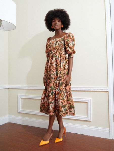 x flor fuertes allover floral print puff sleeve shirred ruffle hem dress a1wu#, Black;gray
x flor fuertes allover floral print puff sleeve shirred ruffle hem dress a1wu#, Black;gray
