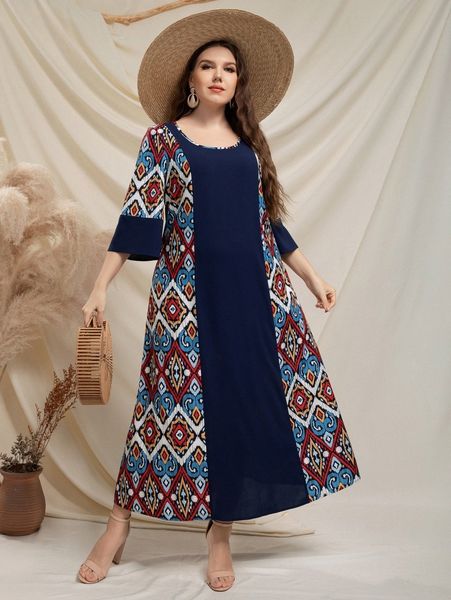 plus geo print scoop neck dress k8fs#, Black