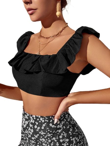 solid ruffle trim zip back crop c4vj#, White