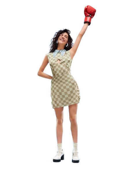 x k chirinos checker print contrast collar cut out ruched dress y90q#, Black;gray
x k chirinos checker print contrast collar cut out ruched dress y90q#, Black;gray