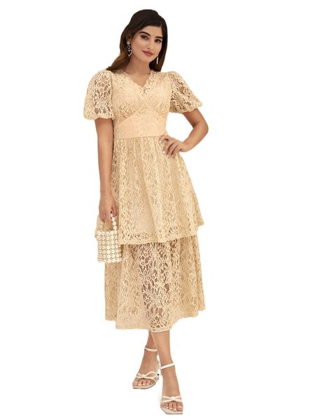 modely puff sleeve layered hem lace overlay dress s9tu#, Black;gray