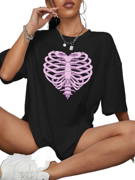 skeleton print drop shoulder tee 67ks#, White