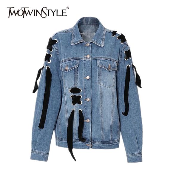twotwinstyle cross lace up bowknot denim jacket for women lapel long sleeve casual hit color jackets female fashion spring 210517, Black;brown
twotwinstyle cross lace up bowknot denim jacket for women lapel long sleeve casual hit color jackets female fashion spring 210517, Black;brown