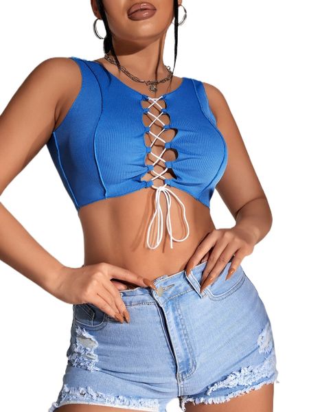 lace-up front crop tank l6jm#, White
lace-up front crop tank l6jm#, White