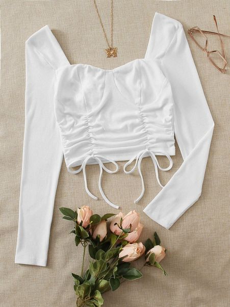 drawstring ruched front bustier crop x61p#, White