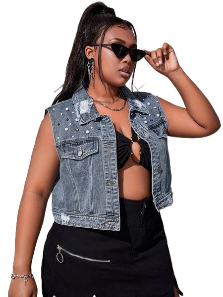 plus pearls beaded button up sleeveless denim vest jacket t7kk#, Black;brown
plus pearls beaded button up sleeveless denim vest jacket t7kk#, Black;brown