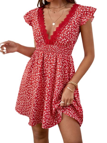 ditsy floral print guipure lace panel butterfly sleeve shirred dress 76ov#, Black;gray
ditsy floral print guipure lace panel butterfly sleeve shirred dress 76ov#, Black;gray