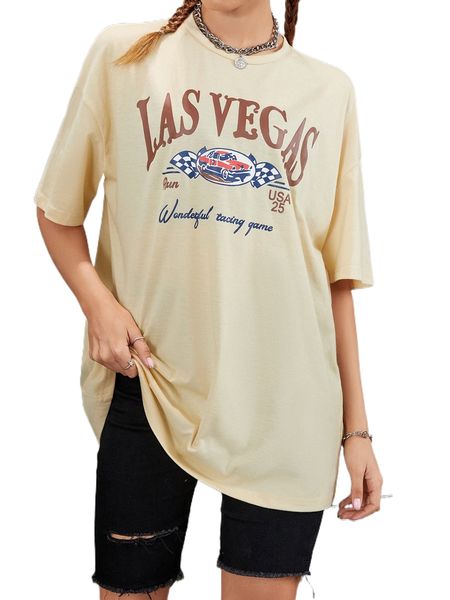 drop shoulder slogan and car print o540#, White 
drop shoulder slogan and car print o540#, White