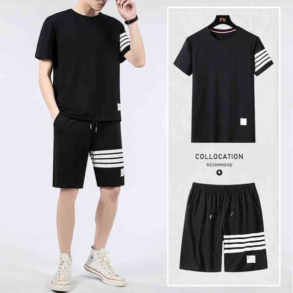 four bar short sleeve track suit mens men men's summer xinjiang cotton men's leisure two-piece set tb thin five point sports suit, Gray
four bar short sleeve track suit mens men men's summer xinjiang cotton men's leisure two-piece set tb thin five point sports suit, Gray