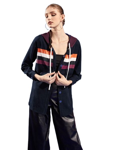 x allison ray striped colorblock single breasted placket drawstring hooded coat r5c2#, Black
x allison ray striped colorblock single breasted placket drawstring hooded coat r5c2#, Black