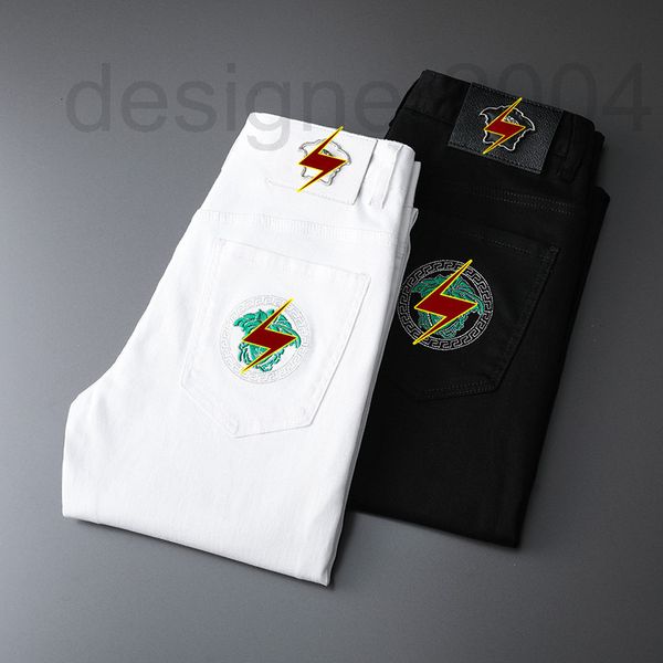 men's jeans designer high end european jeans men's versatile black and white cotton elastic small feet slim fit korean embroidery, Blue
men's jeans designer high end european jeans men's versatile black and white cotton elastic small feet slim fit korean embroidery, Blue