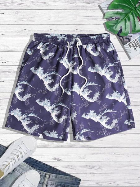 men allover print drawstring waist shorts x6lh#, White;black