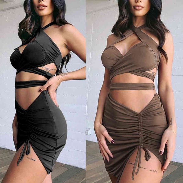 designer women's casual dresses 2022 two piece summer cross necked pleated skirt, Black;gray
designer women's casual dresses 2022 two piece summer cross necked pleated skirt, Black;gray
