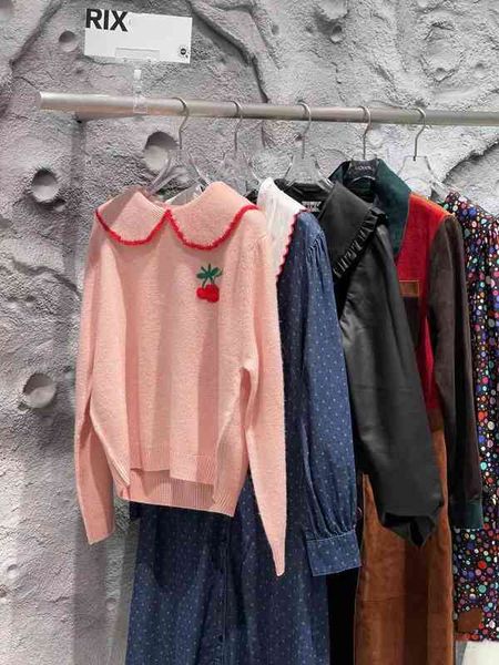 women's knits tees rix lapel 100% wool little cherry sweater pink embroidery, White
women's knits tees rix lapel 100% wool little cherry sweater pink embroidery, White