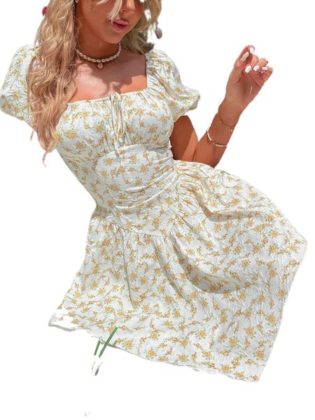 allover floral print knot front puff sleeve ruched bust dress t3a3#, Black;gray