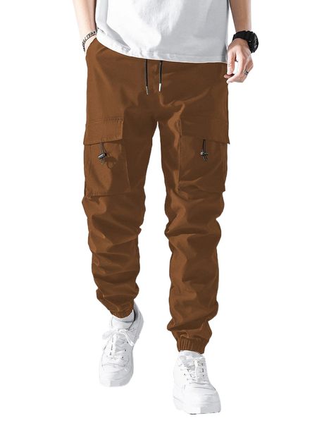 men flap pocket drawstring waist cargo pants c8bv#, Black