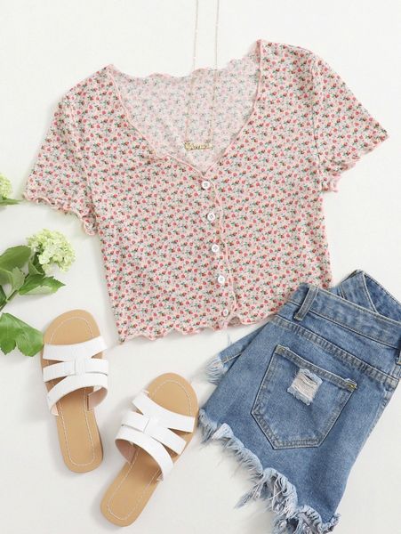 ditsy floral contrast stitch button front tee 5248#, White
