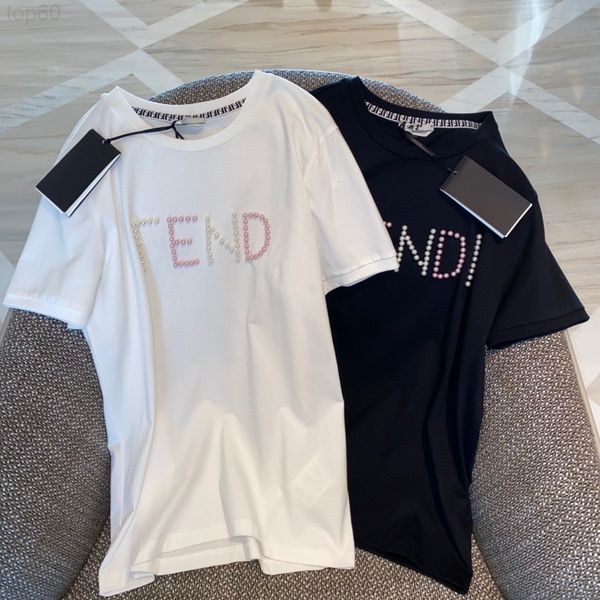 women's t-shirt designer 2022 summer new casual and versatile pearl letter jacquard french minority round neck short sleeve women qsoq, White 
women's t-shirt designer 2022 summer new casual and versatile pearl letter jacquard french minority round neck short sleeve women qsoq, White