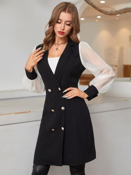 contrast mesh sleeve double breasted blazer s3ij#, White
