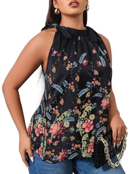 plus floral print knot side halterneck blouse z8td#, Black
plus floral print knot side halterneck blouse z8td#, Black