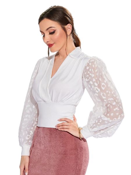 leopard mesh panel bishop sleeve 95bc#, White
leopard mesh panel bishop sleeve 95bc#, White