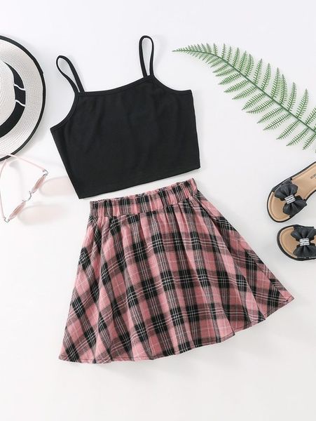 girls solid cami & tartan elastic waist skirt she, White 
girls solid cami & tartan elastic waist skirt she, White