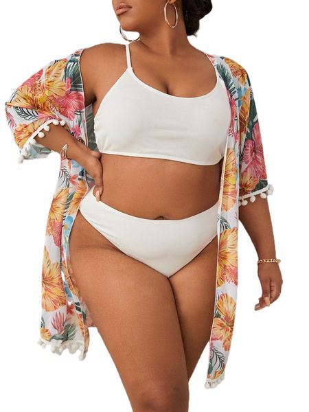 plus 3pack bikini swimsuit & tropical print pompom trim kimono n0z8#, White;black
plus 3pack bikini swimsuit & tropical print pompom trim kimono n0z8#, White;black