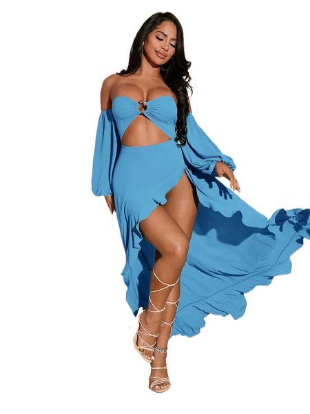 sxy off shoulder lantern sleeve cut out o-ring detail asymmetrical hem dress f9o9#, Black;gray
sxy off shoulder lantern sleeve cut out o-ring detail asymmetrical hem dress f9o9#, Black;gray