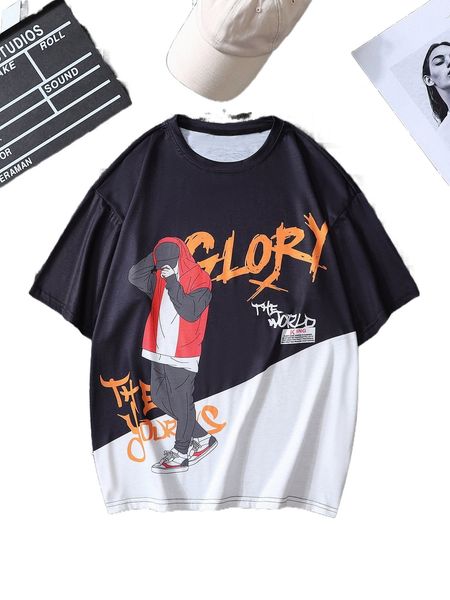 men figure & slogan graphic two tone tee k6yt#, White;black