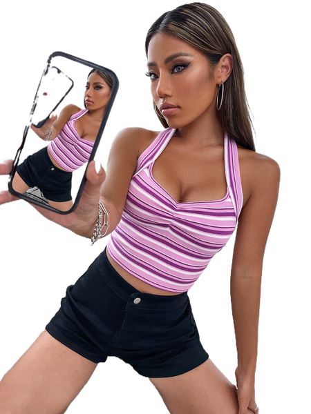 colorful striped ruched detail halter 48s4#, White
colorful striped ruched detail halter 48s4#, White