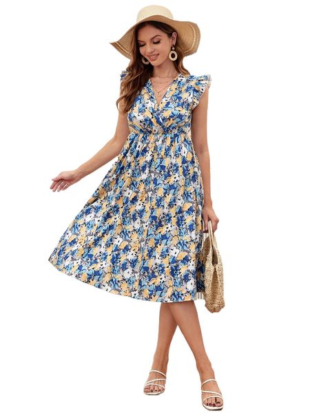 1pc allover floral print ruffle sleeve dress p2gq#, Black;gray